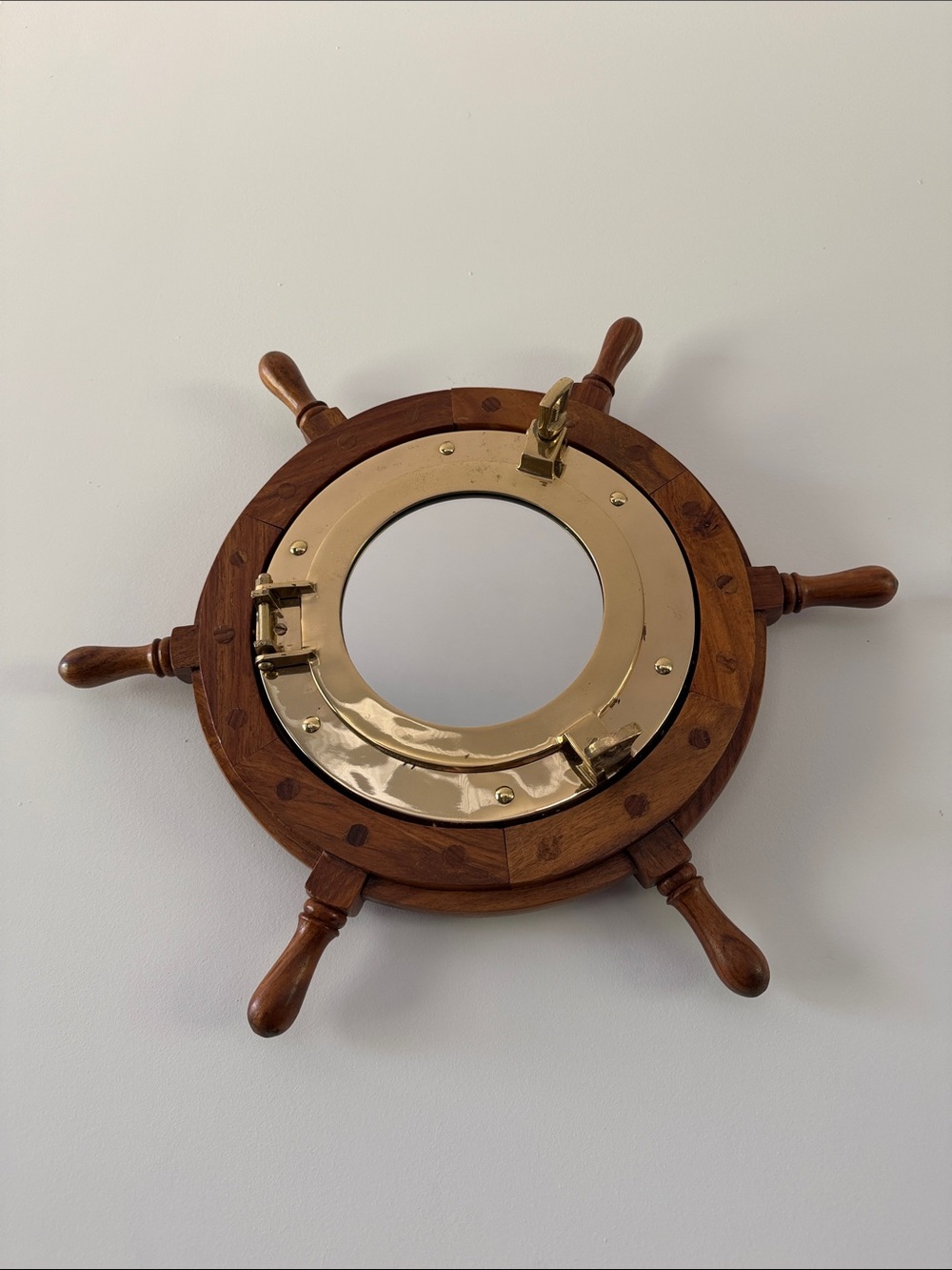 Wood Ship Wheel Wall Mirror with Brass Porthole Accent - Brown